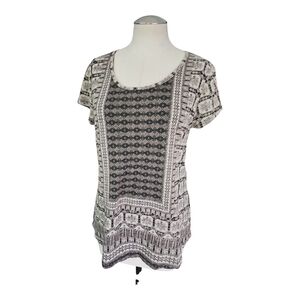Lucky Brand Boho Print Scoop Neck Tee Size M Black White Cotton Modal Blend
